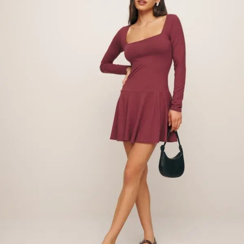 NWT Reformation Coen Long Sleeve Drop Waist Minidress In Chianti Size M - Picture 4 of 5